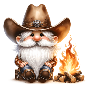 Campfire Cowboy Gnome Sitting by Fire with Cozy Western Night Scene