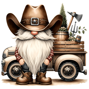 Farm Truck Cowboy Gnome with Tools and Rustic Western Work Scene
