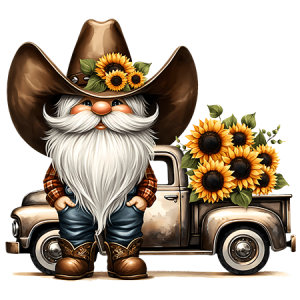 Sunflower Cowboy Gnome by Vintage Truck with Rustic Farm and Floral Detail
